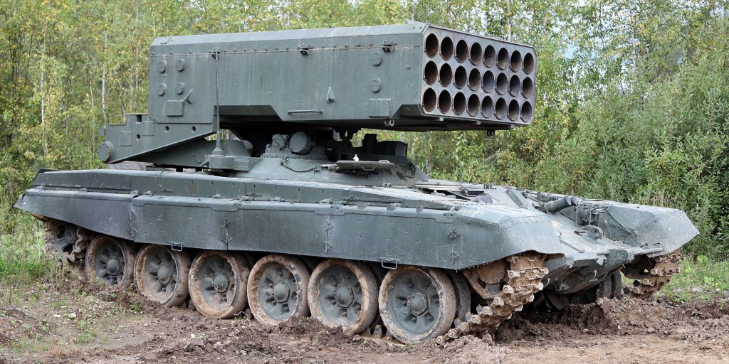 Ukrainian Drone Takes Out Russian TOS-1 Heavy Flamethrower in Fiery Explosion