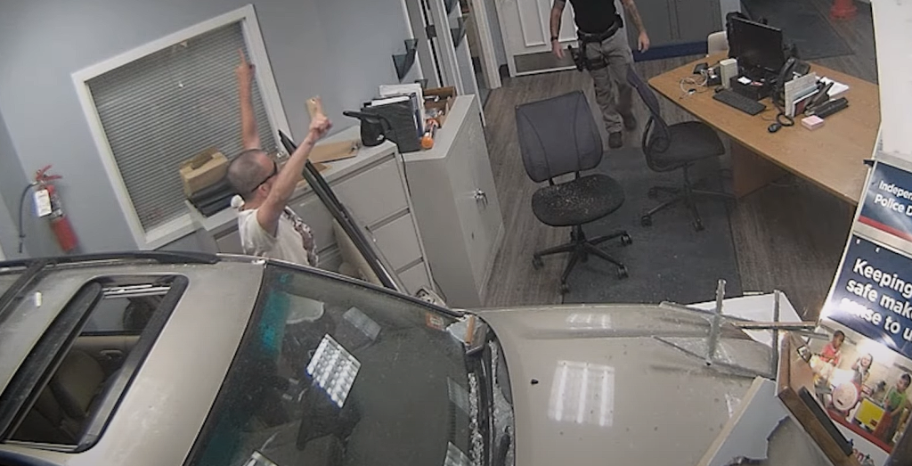 What does he think he’s won? Man celebrates crashing his car into a New Jersey police station