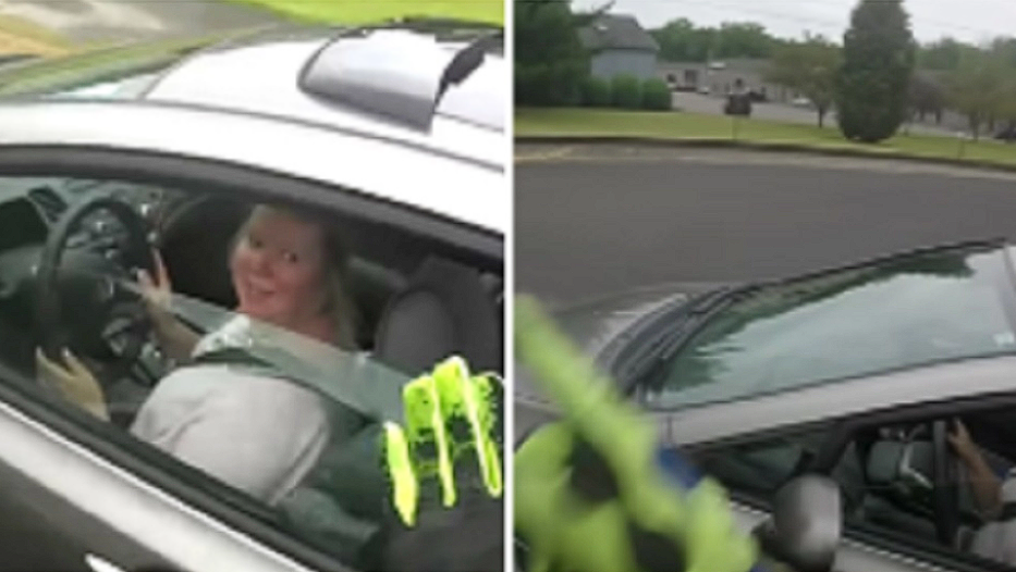 Female driver forces motorcyclist into oncoming traffic: Minutes later, she comes to regret it.