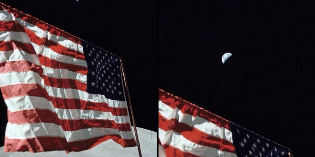 NASA Reveals Vintage Snapshot: American Flag on Lunar Surface with Earth in View, 51 Years Ago