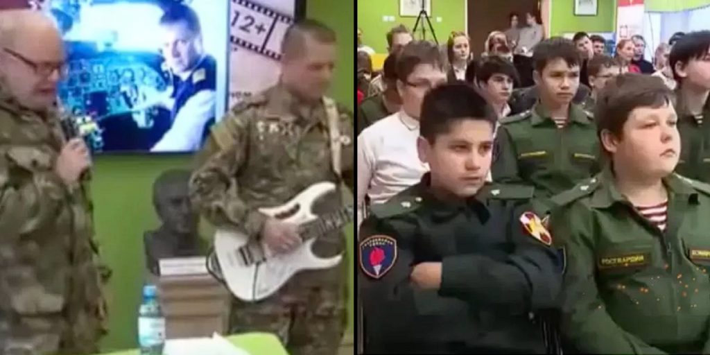 Uninterested Russian school children subjected to soldiers singing about war